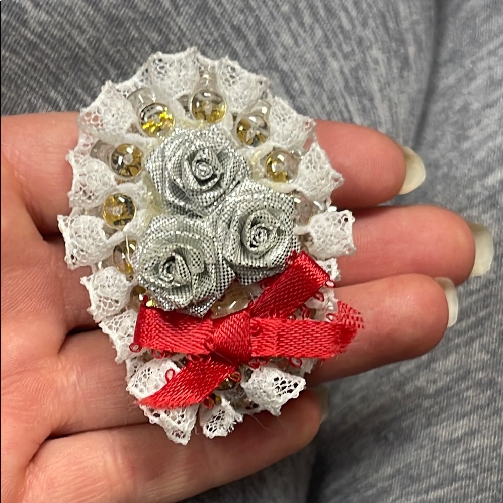 Vintage Handcrafted Elegant Silver and Red Floral Brooch